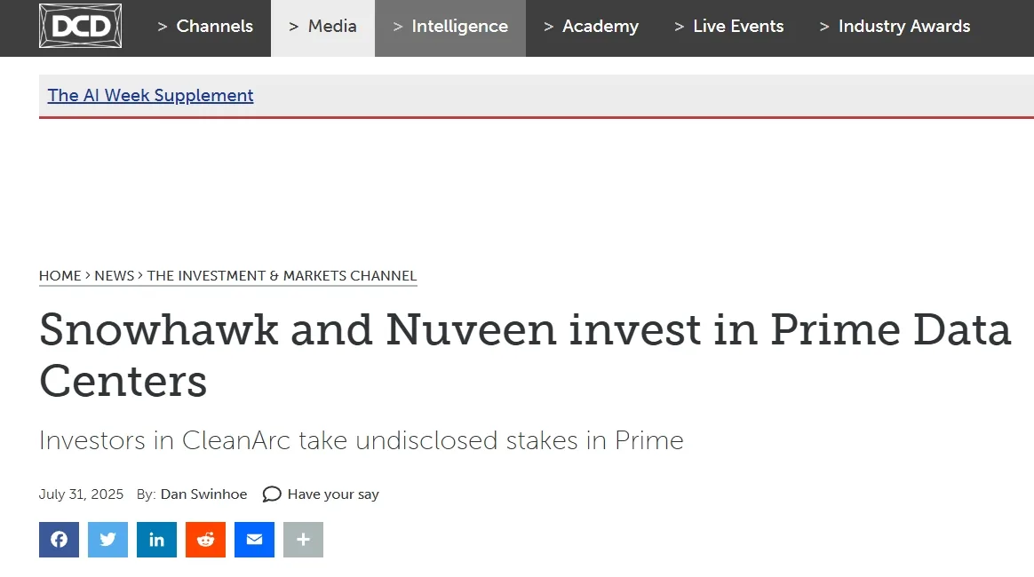 Snowhawk and Nuveen invest in Prime Data Centers
