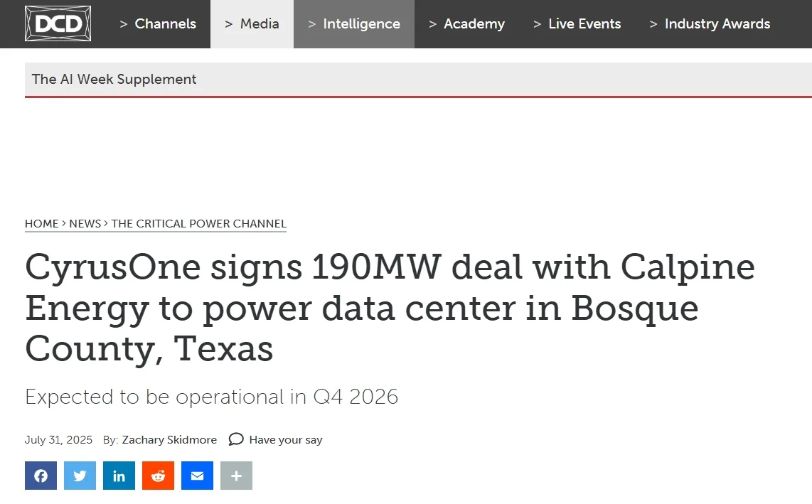 CyrusOne signs 190MW deal with Calpine Energy to power data center in Bosque County, Texas