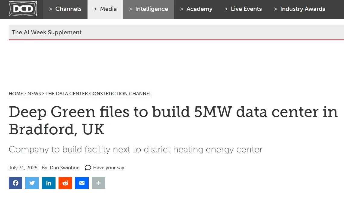 Deep Green files to build 5MW data center in Bradford, UK