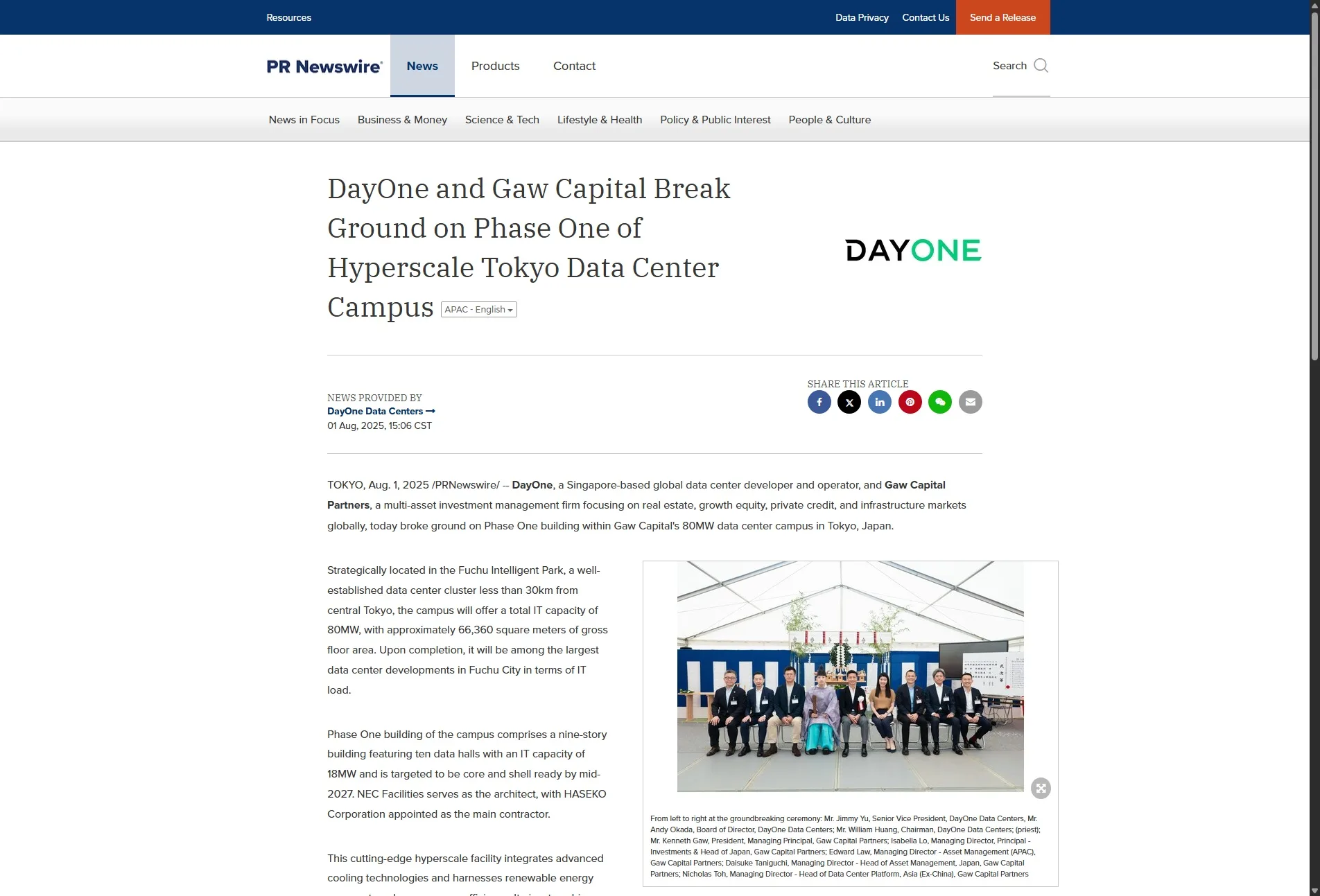 DayOne and Gaw Capital Break Ground on Phase One of Hyperscale Tokyo Data Center Campus