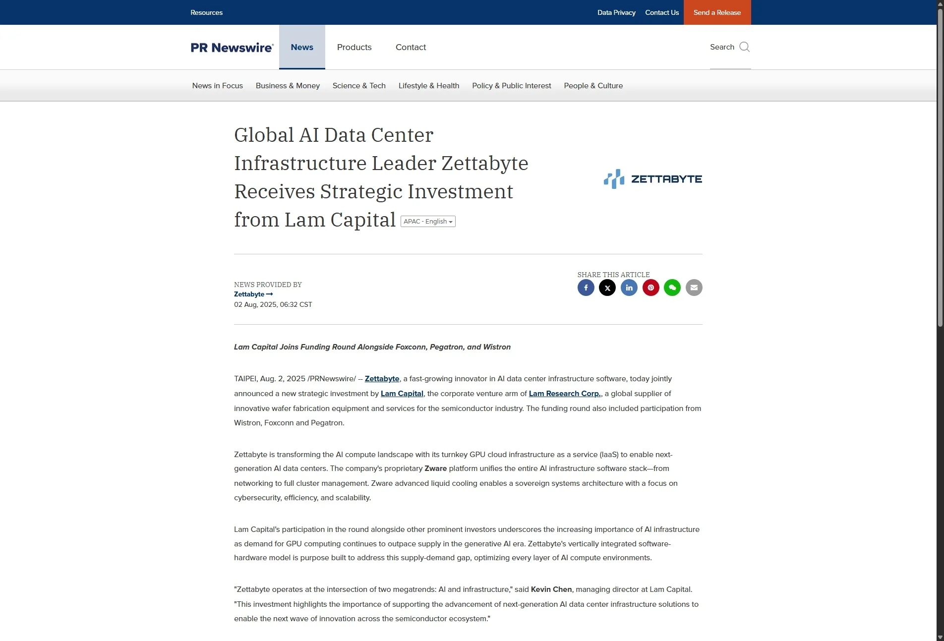 Global AI Data Center Infrastructure Leader Zettabyte Receives Strategic Investment from Lam Capital