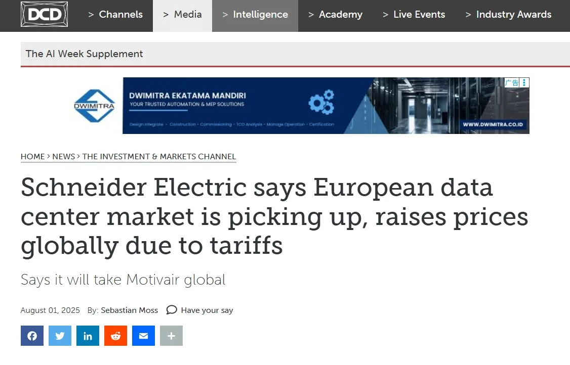 Schneider Electric says European data center market is picking up, raises prices globally due to tariffs