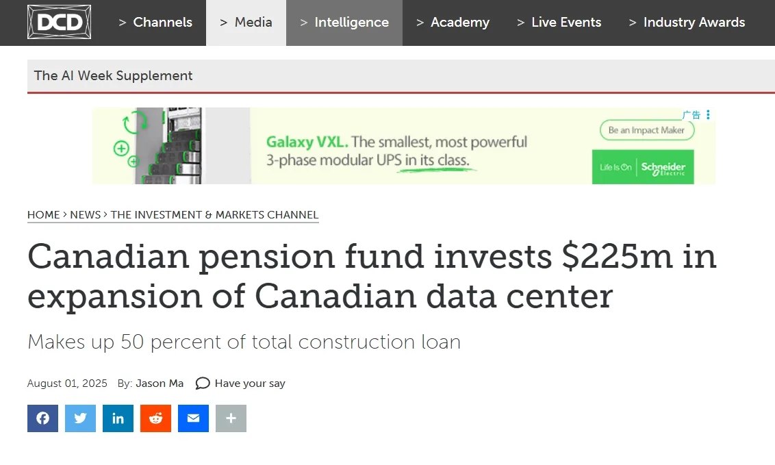 Canadian pension fund invests $225m in expansion of Canadian data center