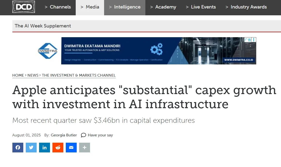 Apple anticipates "substantial" capex growth with investment in AI infrastructure