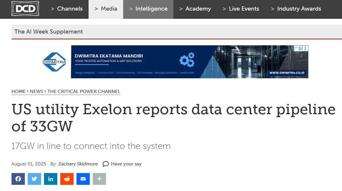 US utility Exelon reports data center pipeline of 33GW