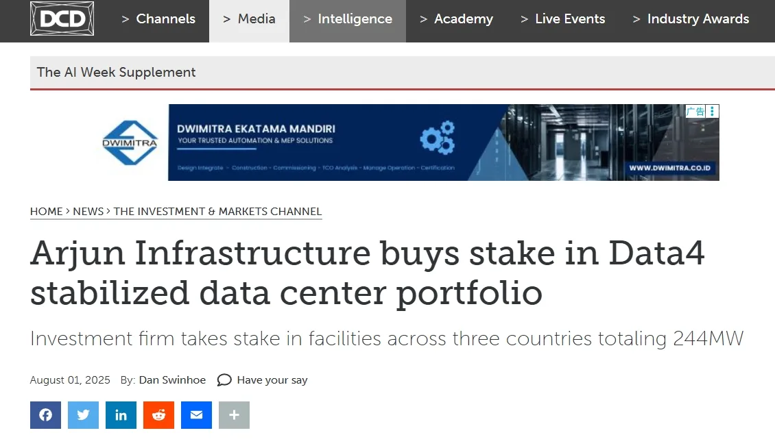 Arjun Infrastructure buys stake in Data4 stabilized data center portfolio