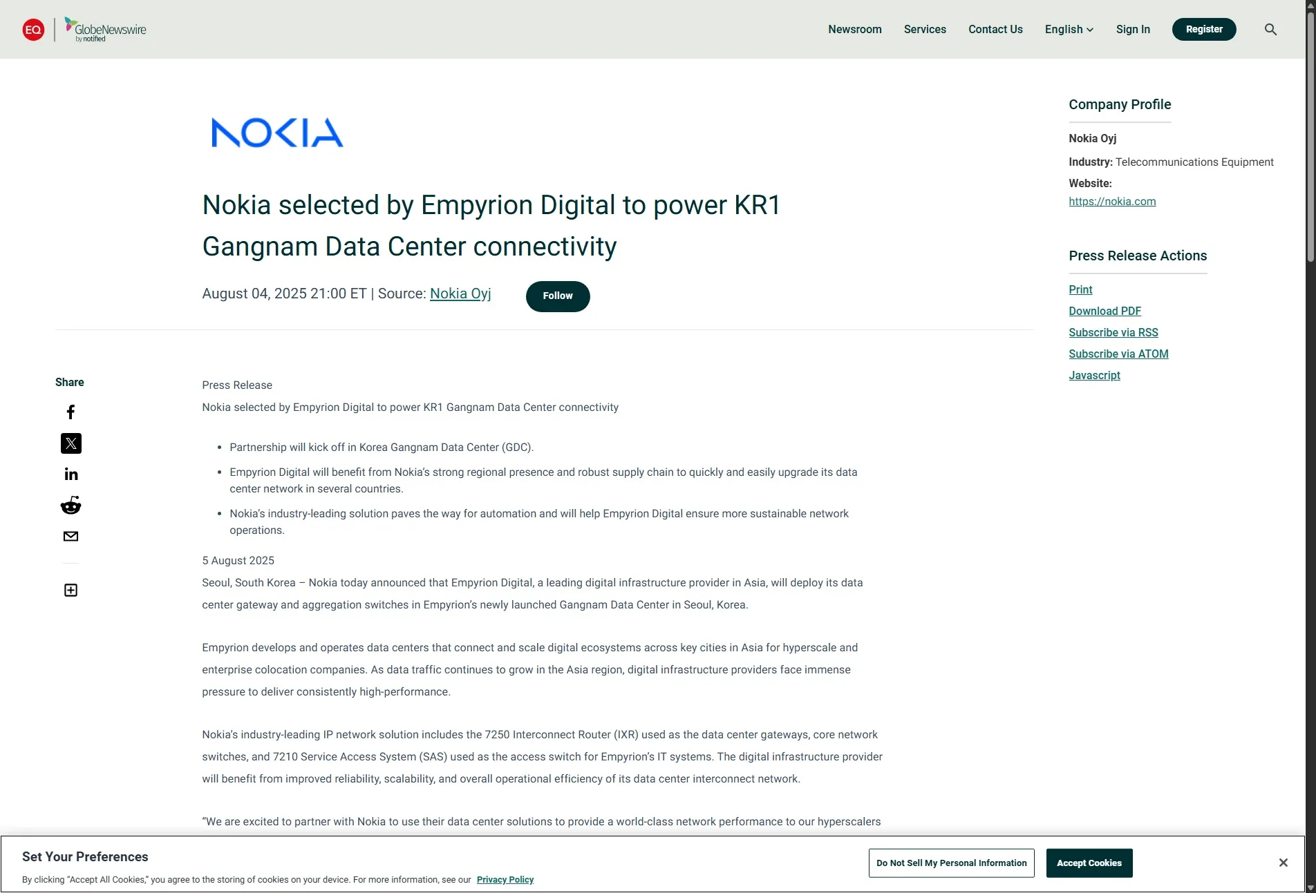 Nokia selected by Empyrion Digital to power KR1 Gangnam Data Center connectivity