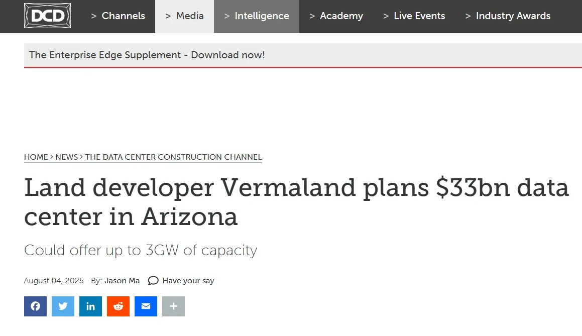 Land developer Vermaland plans $33bn data center in Arizona