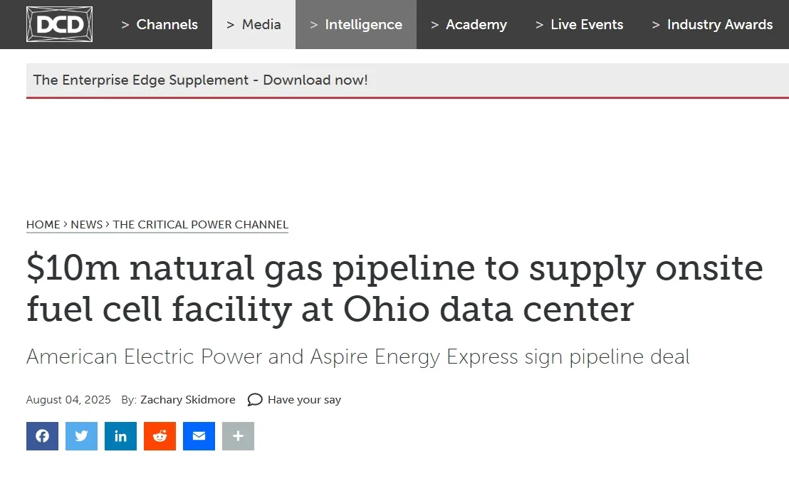 $10m natural gas pipeline to supply onsite fuel cell facility at Ohio data center