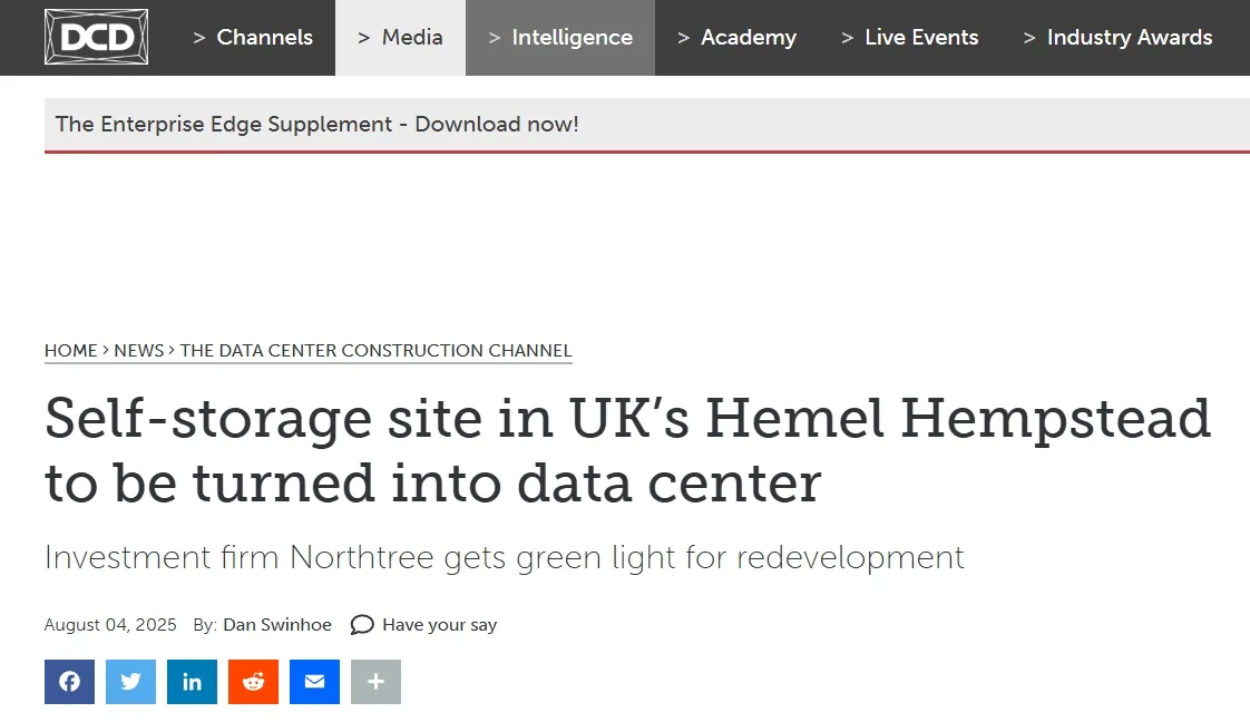 Self-storage site in UK’s Hemel Hempstead to be turned into data center