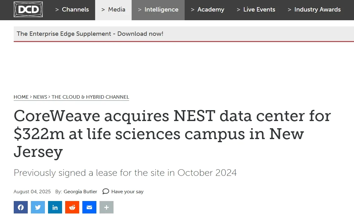 CoreWeave acquires NEST data center for $322m at life sciences campus in New Jersey