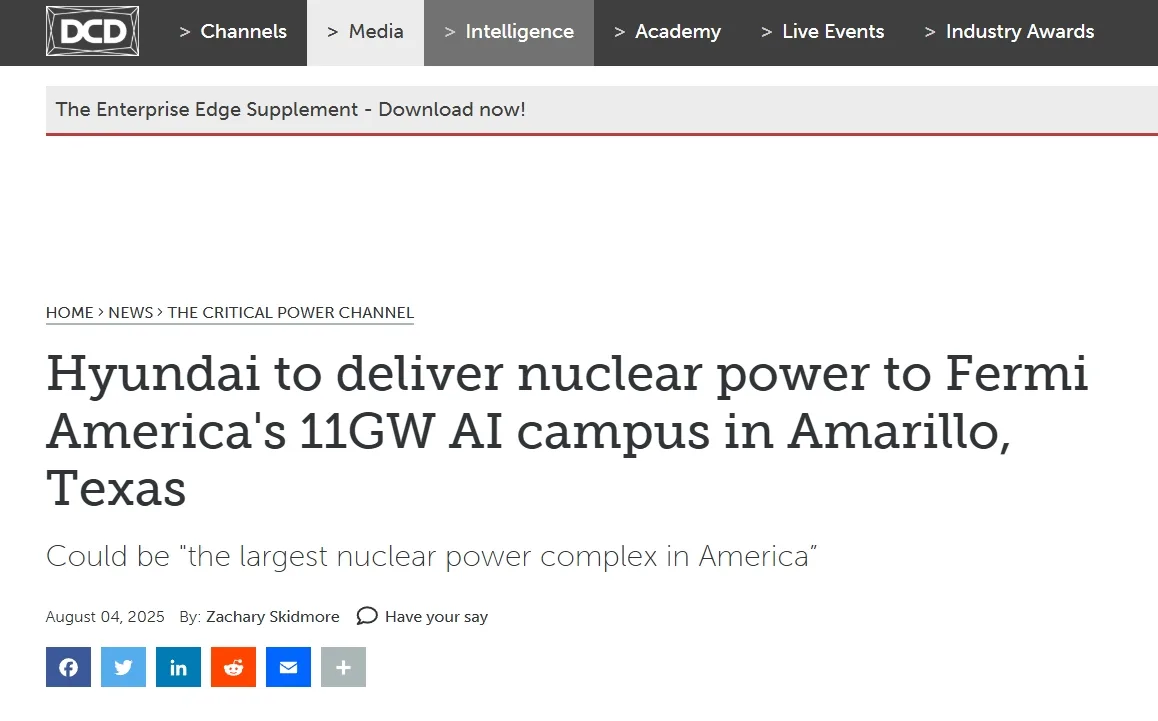 Hyundai to deliver nuclear power to Fermi America's 11GW AI campus in Amarillo, Texas