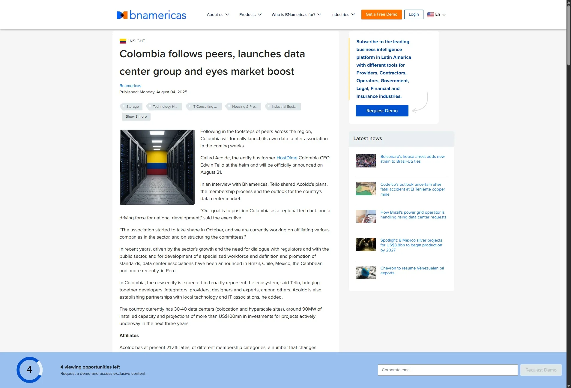 Colombia follows peers, launches data center group and eyes market boost