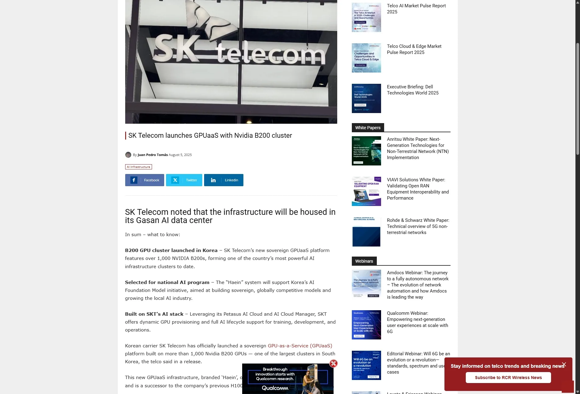 SK Telecom launches GPUaaS with Nvidia B200 cluster