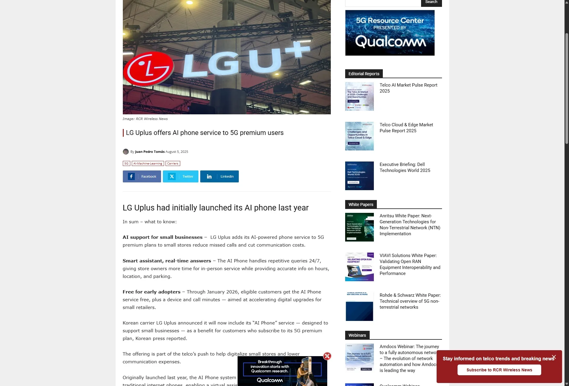 LG Uplus offers AI phone service to 5G premium users
