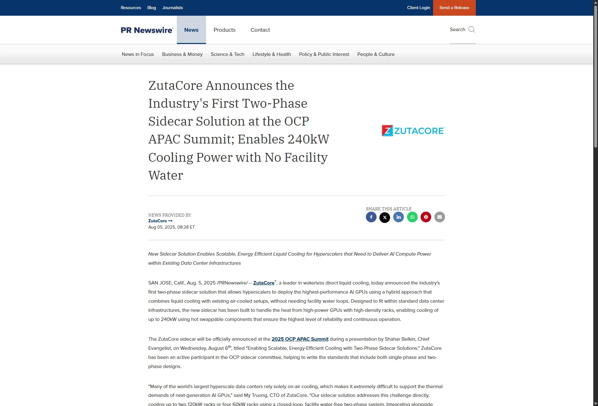 ZutaCore Announces the Industry's First Two-Phase Sidecar Solution at the OCP APAC Summit; Enables 240kW Cooling Power with No Facility Water