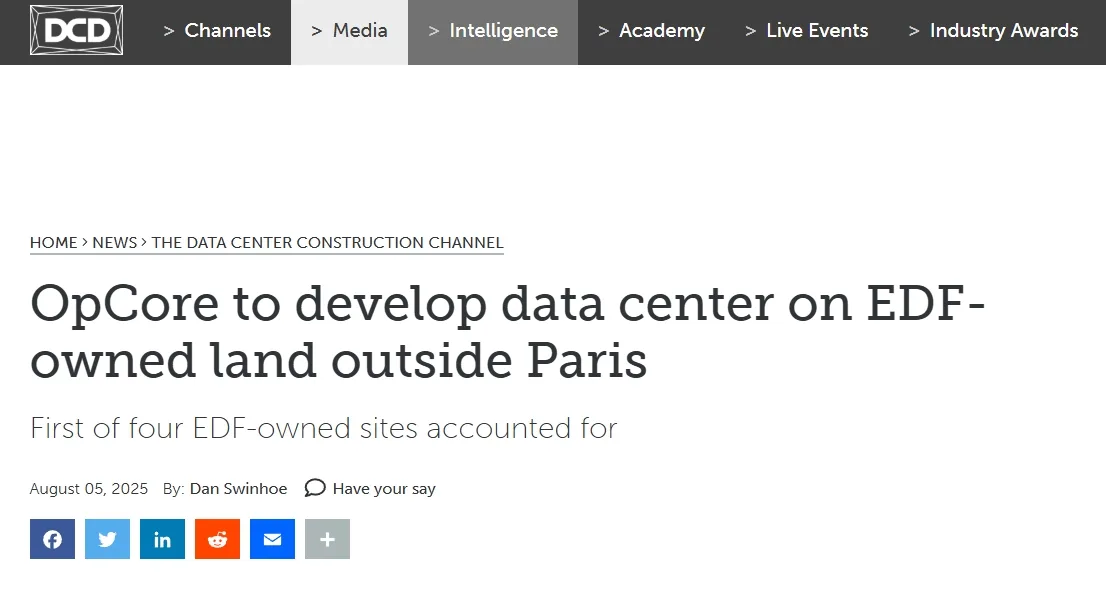 OpCore to develop data center on EDF-owned land outside Paris