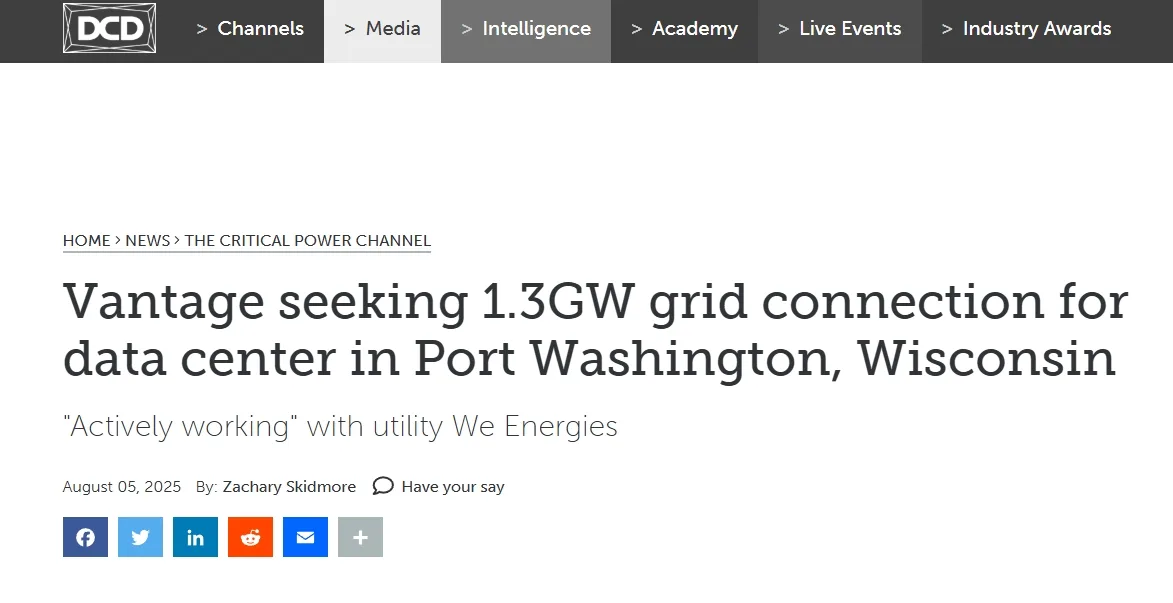 Vantage seeking 1.3GW grid connection for data center in Port Washington, Wisconsin