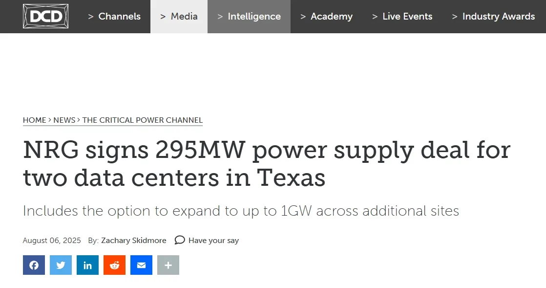 NRG signs 295MW power supply deal for two data centers in Texas