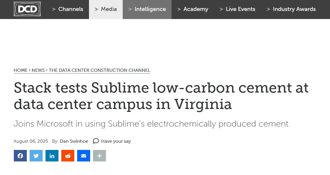 Stack tests Sublime low-carbon cement at data center campus in Virginia