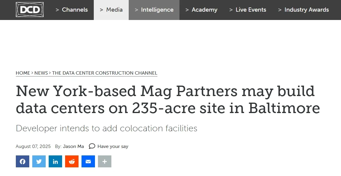 New York-based Mag Partners may build data centers on 235-acre site in Baltimore
